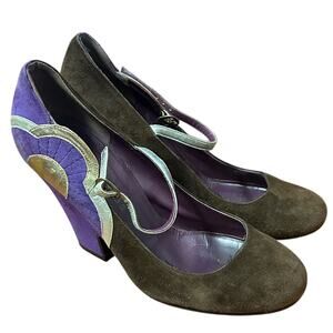 Marc Jacobs Brown Purple Mary Jane Heels Color Block Metallic Accents Size 37